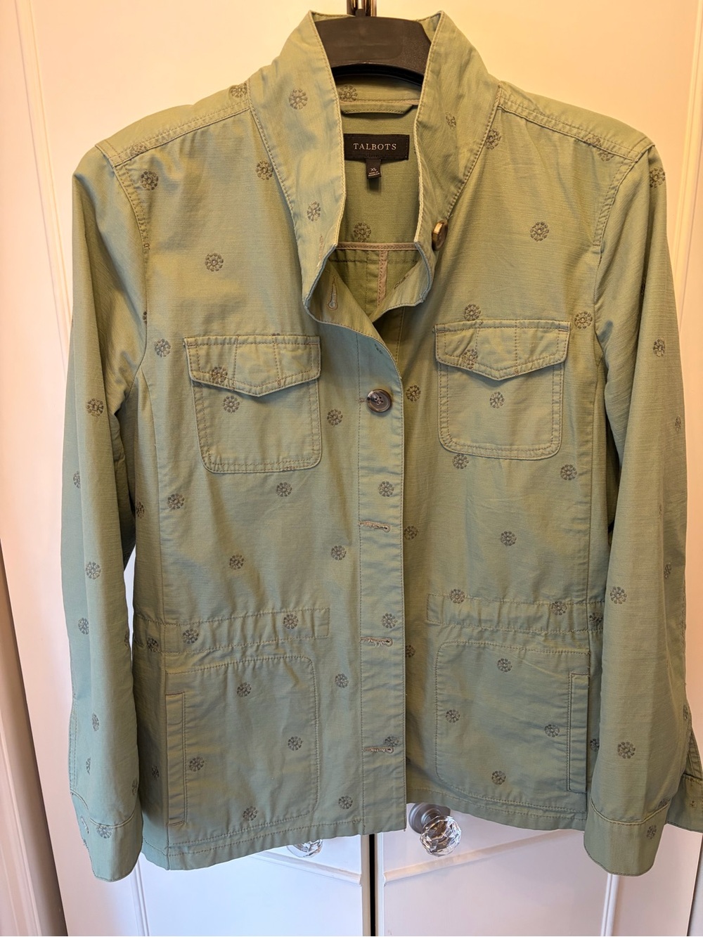 Talbots Light Sage Green Utility Jacket with Subtle Dot Embroidery